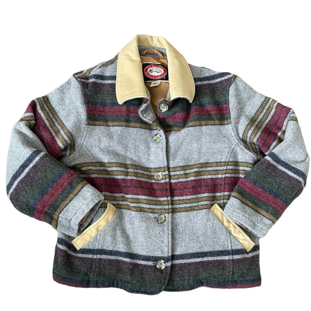 The Australian Outback Collection Wool Button Front Coat Jacket Leather Collar L